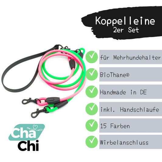 XXS Mini 2er Set Koppelleine aus 6mm runde BioThane® inkl. schwarzer Handschlaufe Neongrün Neonpink- CharmingChihuahua