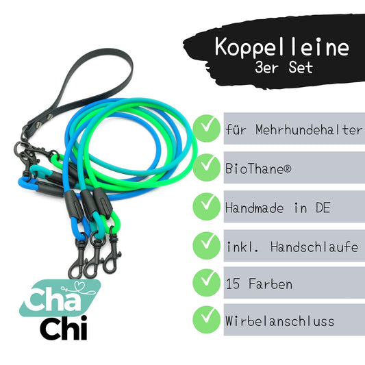 XXS Mini 3er Set Koppelleine aus 6mm runde BioThane® inkl. schwarzer Handschlaufe Neongrün Cyan Azurblau - CharmingChihuahua