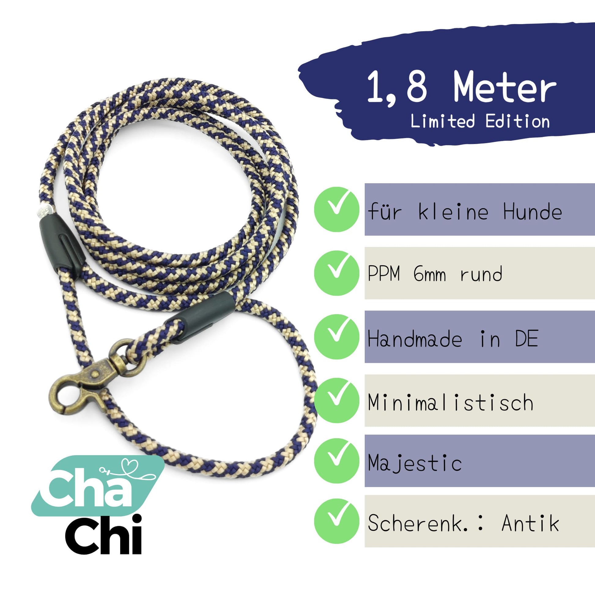 XXS Mini Hundeleine aus 6mm runde PPM 1,8 Meter Majestic Royalblau Beige - CharmingChihuahua