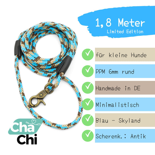 XXS Mini Hundeleine aus 6mm runde PPM 1,8 Meter Blau Skyland - CharmingChihuahua