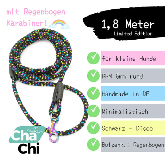 XXS Mini Hundeleine aus 6mm runde PPM 1,8 Meter Disco Regenbogen - CharmingChihuahua