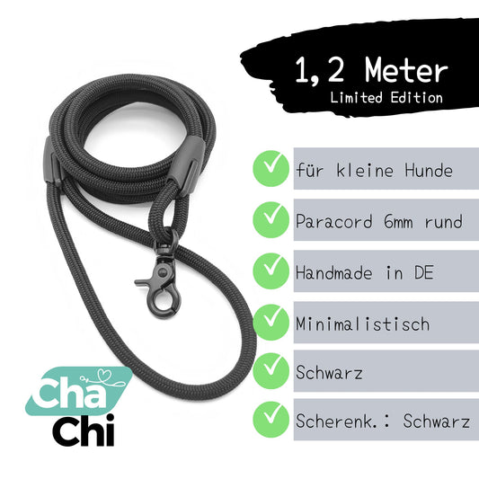 XXS Mini Hundeleine aus 6mm runde Paracord 1,2 Meter Schwarz - CharmingChihuahua