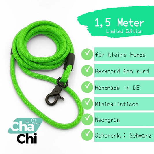 XXS Mini Hundeleine aus 6mm runde Paracord 1,5 Meter Neongrün - CharmingChihuahua