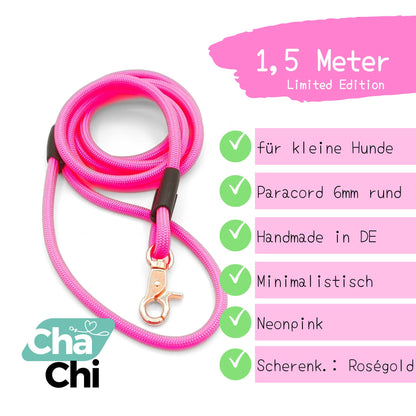 XXS Mini Hundeleine aus 6mm runde Paracord 1,5 Meter Neonpink - CharmingChihuahua