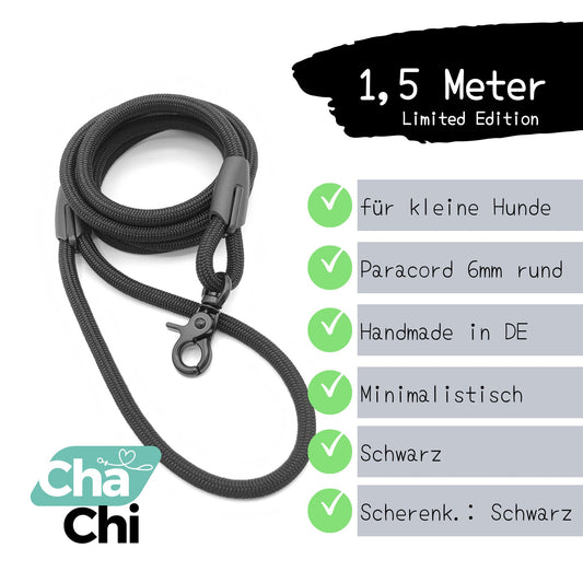 XXS Mini Hundeleine aus 6mm runde Paracord 1,5 Meter Schwarz - CharmingChihuahua