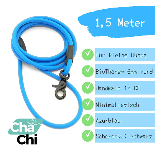 XXS Mini Hundeleine aus 6mm runde BioThane 1,5 Meter Azurblau - CharmingChihuahua