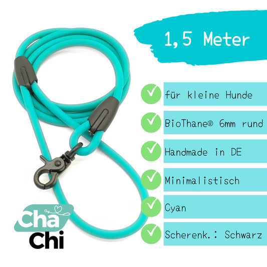 XXS Mini Hundeleine aus 6mm runde BioThane 1,5 Meter Cyan - CharmingChihuahua