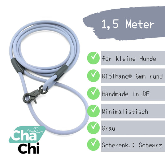 XXS Mini Hundeleine aus 6mm runde BioThane 1,5 Meter Grau - CharmingChihuahua