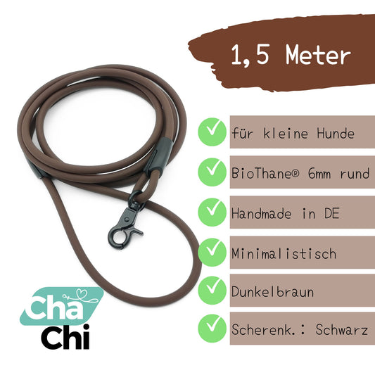 XXS Mini Hundeleine aus 6mm runde BioThane 1,5 Meter Dunkelbraun - CharmingChihuahua