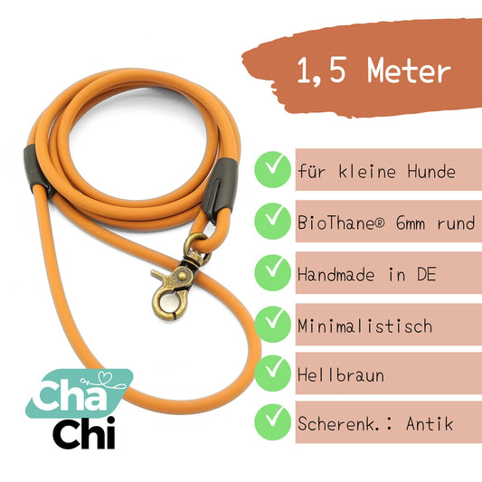 XXS Mini Hundeleine aus 6mm runde BioThane 1,5 Meter Hellbraun - CharmingChihuahua