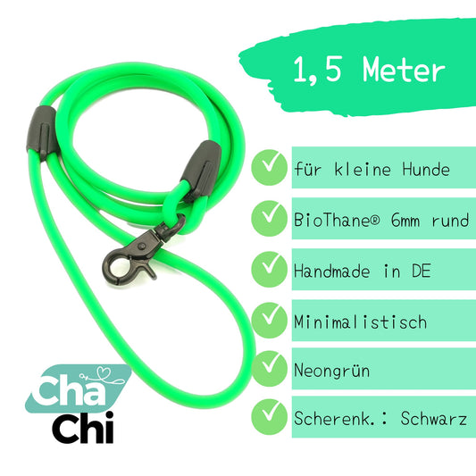 XXS Mini Hundeleine aus 6mm runde BioThane 1,5 Meter Neongrün - CharmingChihuahua