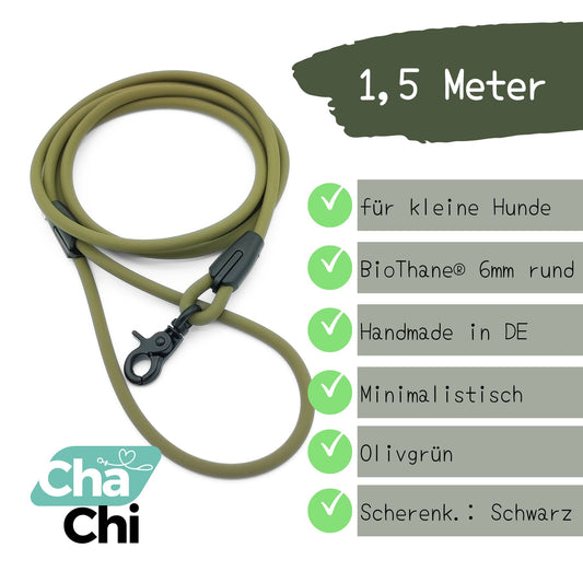XXS Mini Hundeleine aus 6mm runde BioThane 1,5 Meter Olivgruen - CharmingChihuahua
