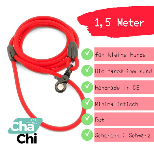 XXS Mini Hundeleine aus 6mm runde BioThane 1,5 Meter Rot - CharmingChihuahua