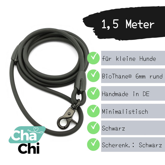 XXS Mini Hundeleine aus 6mm runde BioThane 1,5 Meter Schwarz - CharmingChihuahua