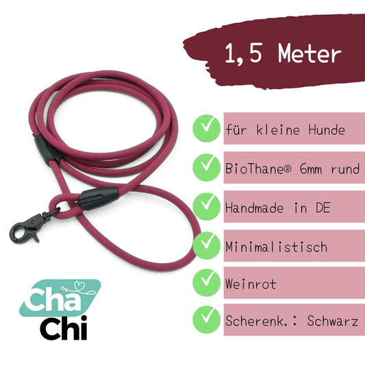 XXS Mini Hundeleine aus 6mm runde BioThane 1,5 Meter Weinrot - CharmingChihuahua