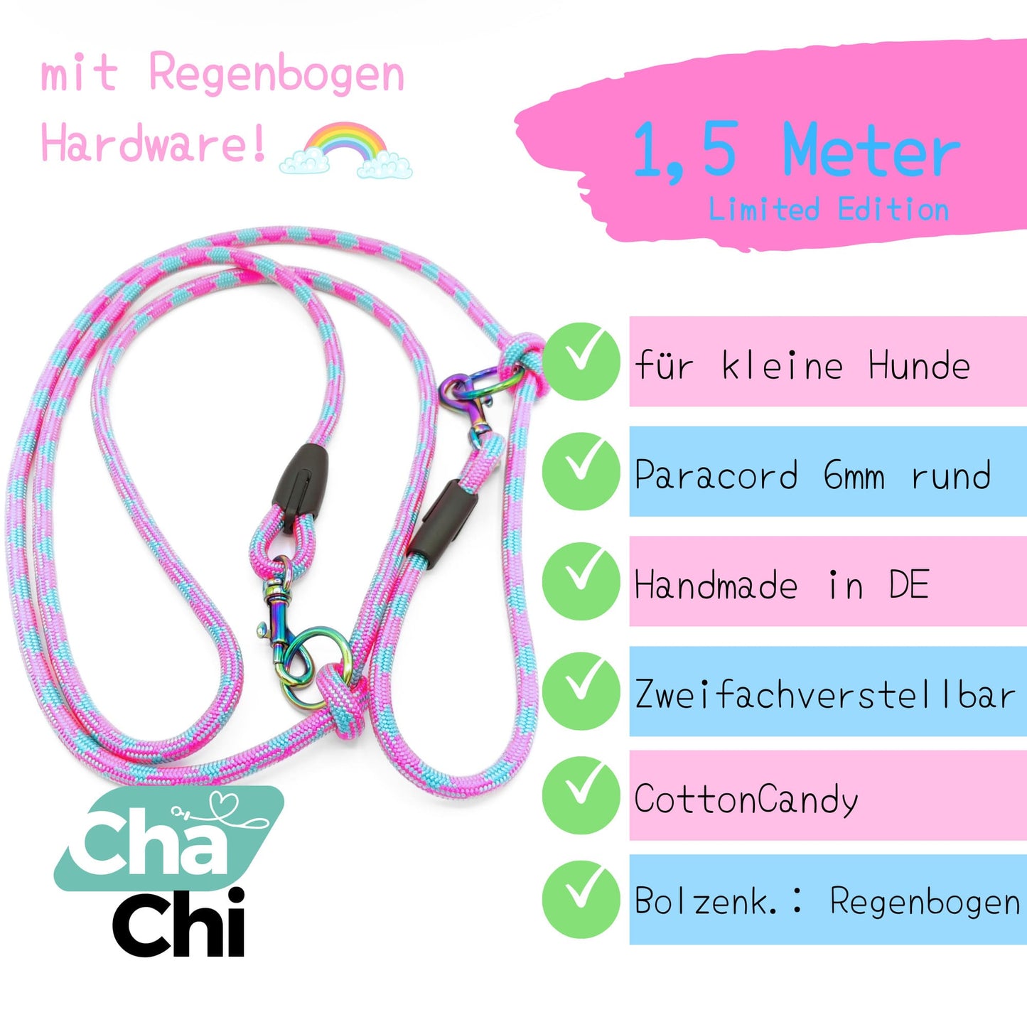 XXS Mini Hundeleinen aus 6mm runde Paracord 1,5 Meter Pink Blau verstellbar - CharmingChihuahua