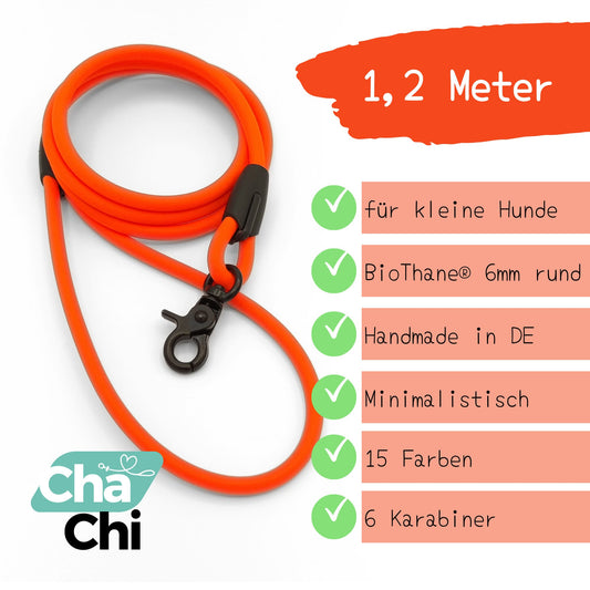 XXS Mini Hundeleinen aus 6mm runde BioThane® 1,2 Meter Neonorange - CharmingChihuahua