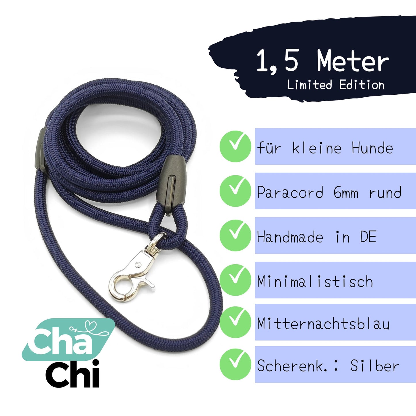 XXS Mini Hundeleine aus 6mm runde Paracord 1,5 Meter Mitternachtsblau - CharmingChihuahua