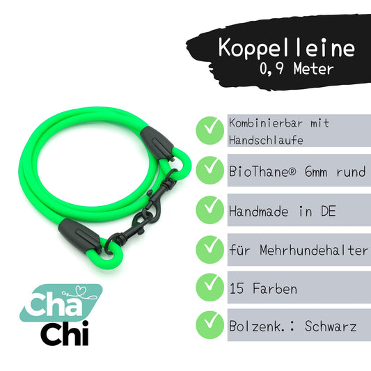 XXS Mini Koppelleine aus 6mm runde BioThane® 0,9 Meter Neongrün - CharmingChihuahua