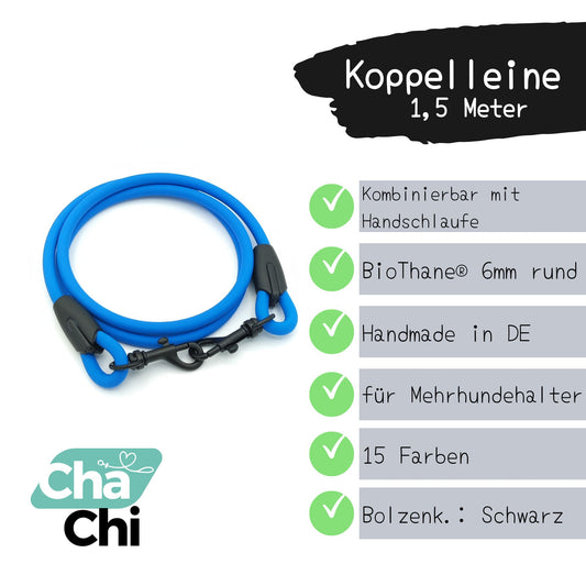 XXS Mini Koppelleine aus 6mm runde BioThane® 1,5 Meter Azurblau - CharmingChihuahua