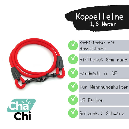 XXS Mini Koppelleine aus 6mm runde BioThane® 1,8 Meter Rot - CharmingChihuahua